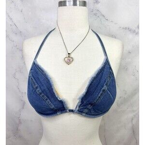 Vintage Y2k VICTORIA’S SECRET Swim Essential Blue Denim Bikini Top 36A 2000s pop